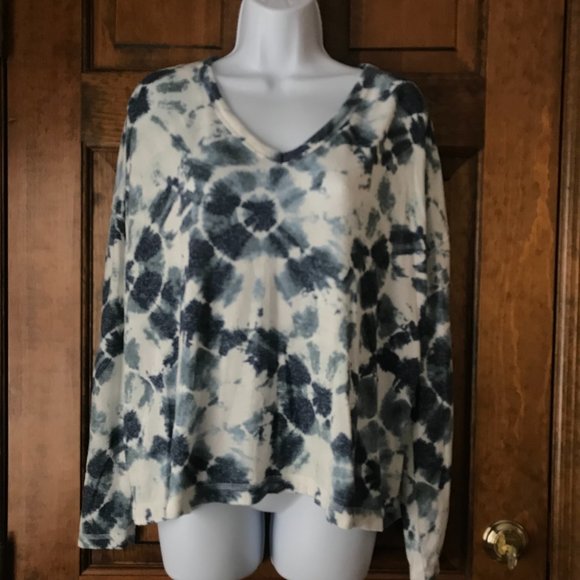 Old Navy White with Navy Tie-Dye V-Neck Pullover Sweater Medium - Picture 1 of 11